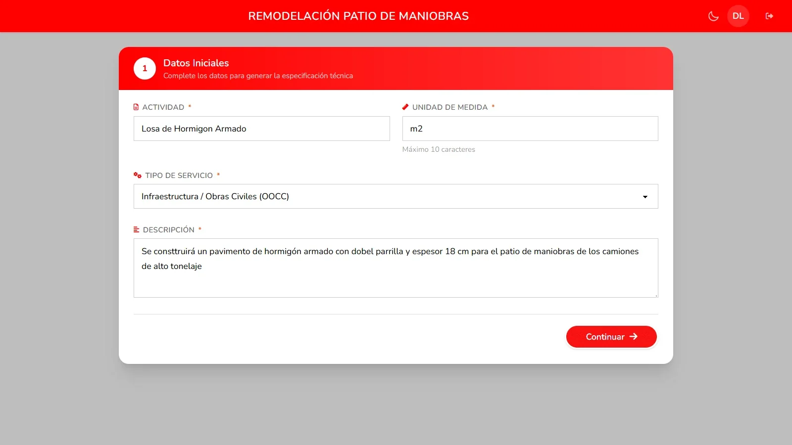 Paso 1: datos iniciales de la actividad (tipo, unidad, descripción)