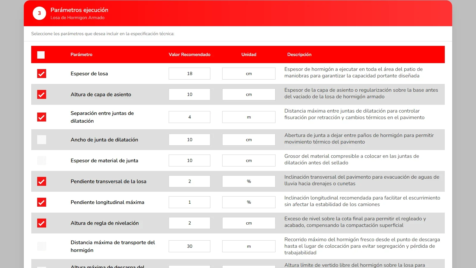 Paso 3: parámetros de ejecución (dimensiones, tiempos, tolerancias)