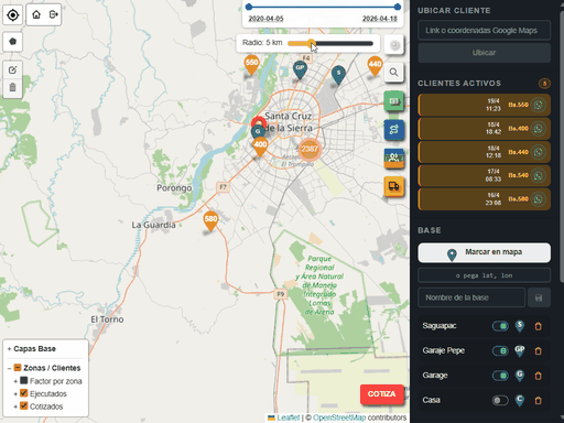 Backoffice con mapa operativo, clusters de clientes y zonas poligonales